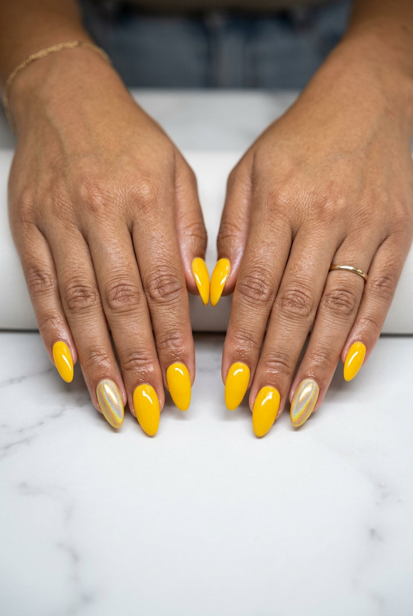 Sunflower yellow holographic accent nails for summer colorful nails designs 2026. Playful almond shape, perfect for festivals and casual outings.