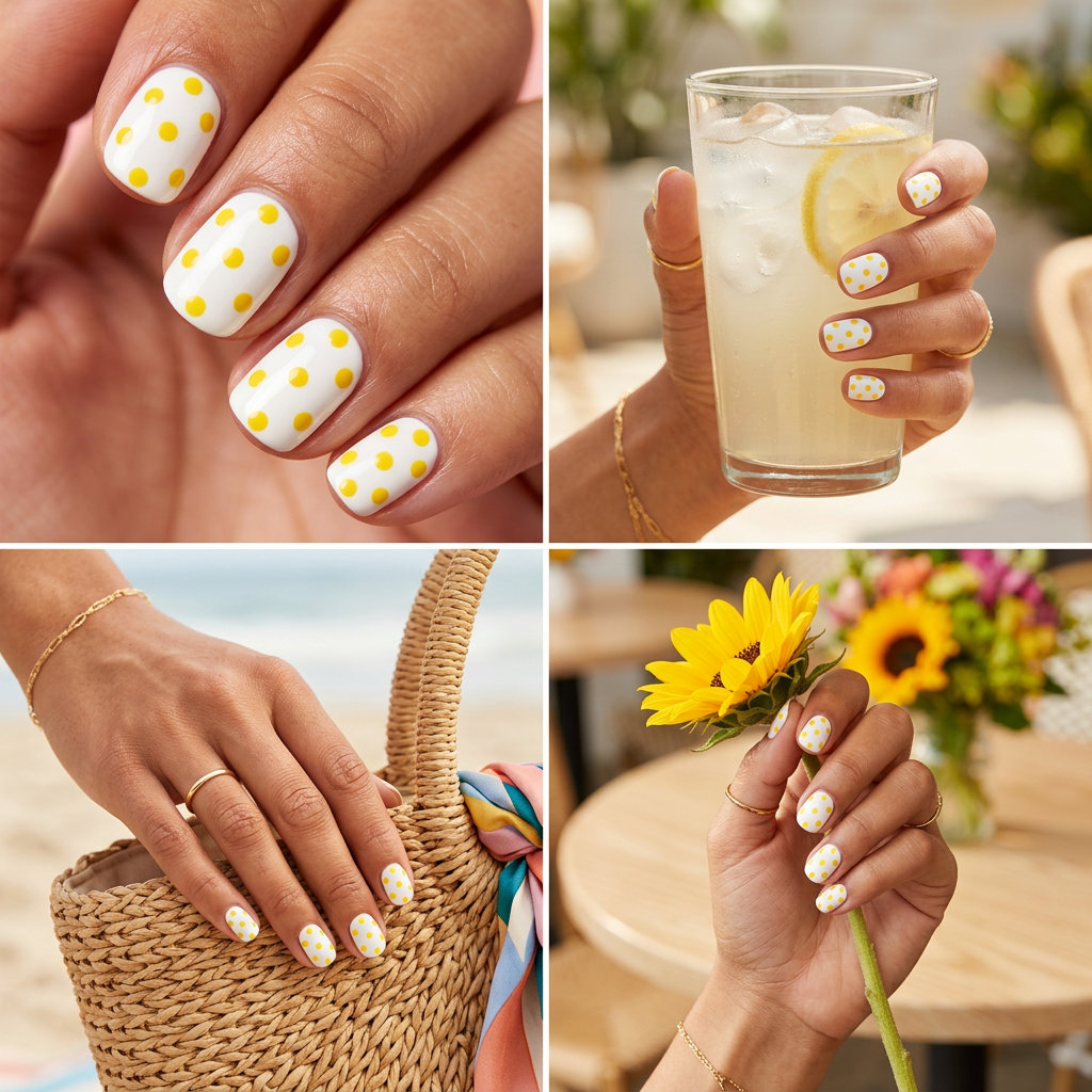 Sunny Dotty Delight nails with bright white and sunflower yellow dots, ideal for summer colorful nails designs 2026.