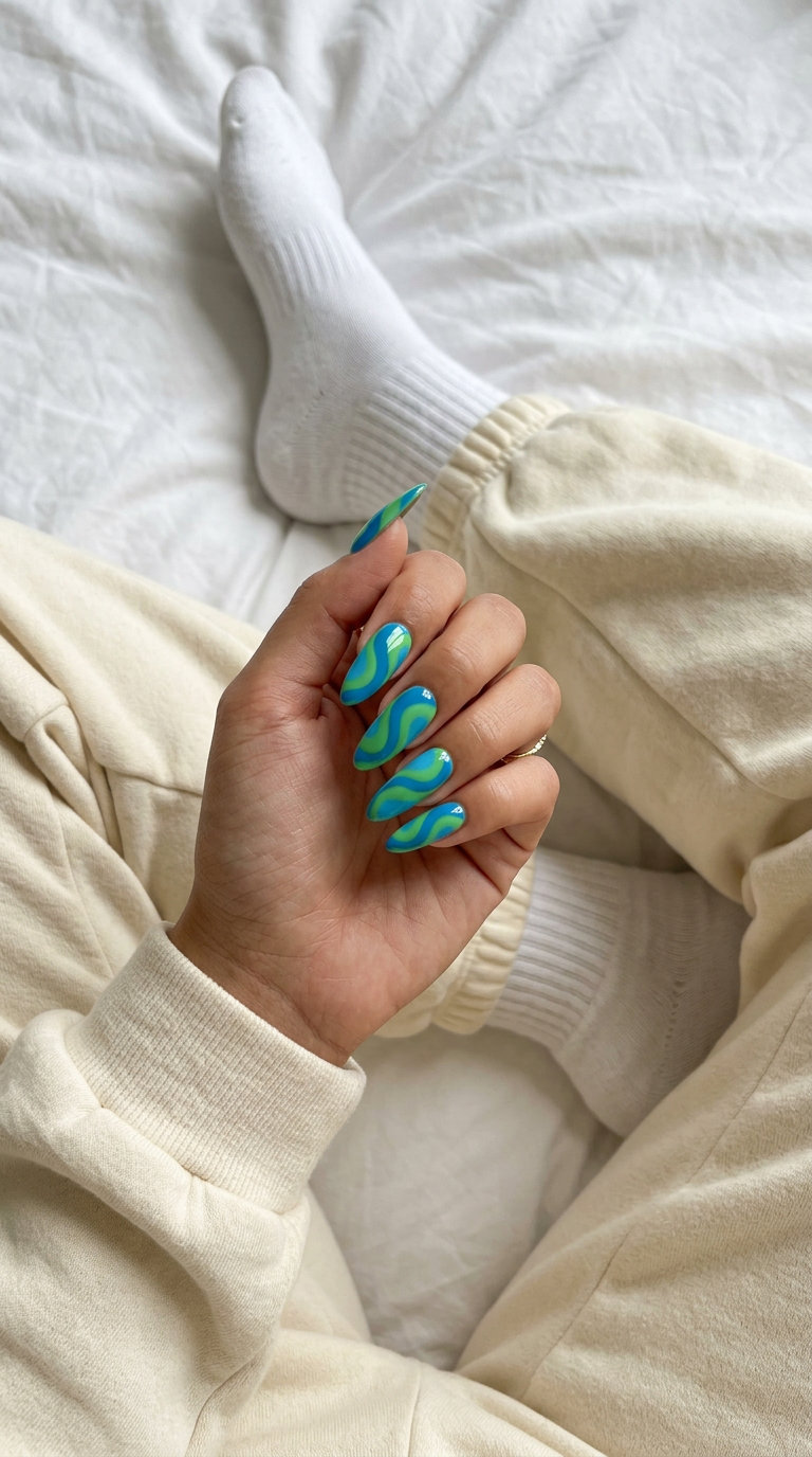 Tropical Swirl Duo Dreams nails for summer colorful nails designs 2026. Playful festival style.