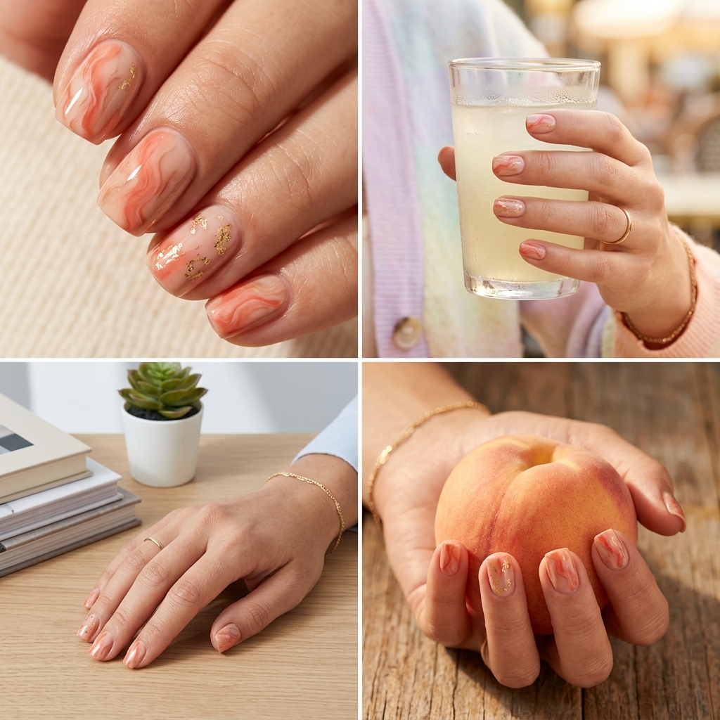 Artistic marble coral & nude summer dip nails 2026 with gold accents. Sophisticated short square nails for work or casual events.