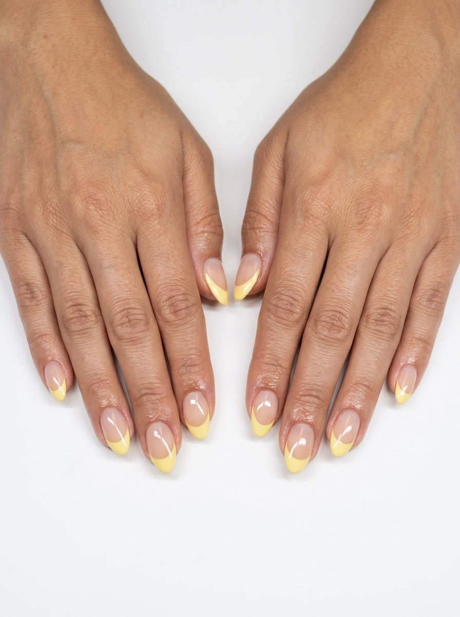Sunny butter yellow negative space French square nails for daily wear and summer brunch, summer dip nails 2026.