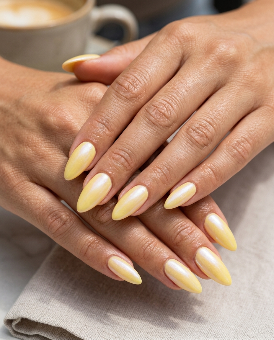 Butter yellow pearlescent stiletto nails with summer dip nails 2026 trend for parties and night outs.