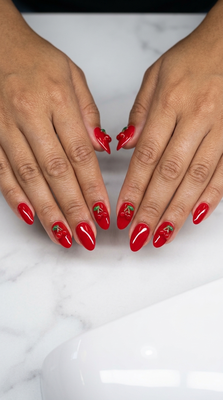 Sweet Cherry Charm Almond nails: vibrant red dip powder with 3D cherry charms for summer dip nails 2026.