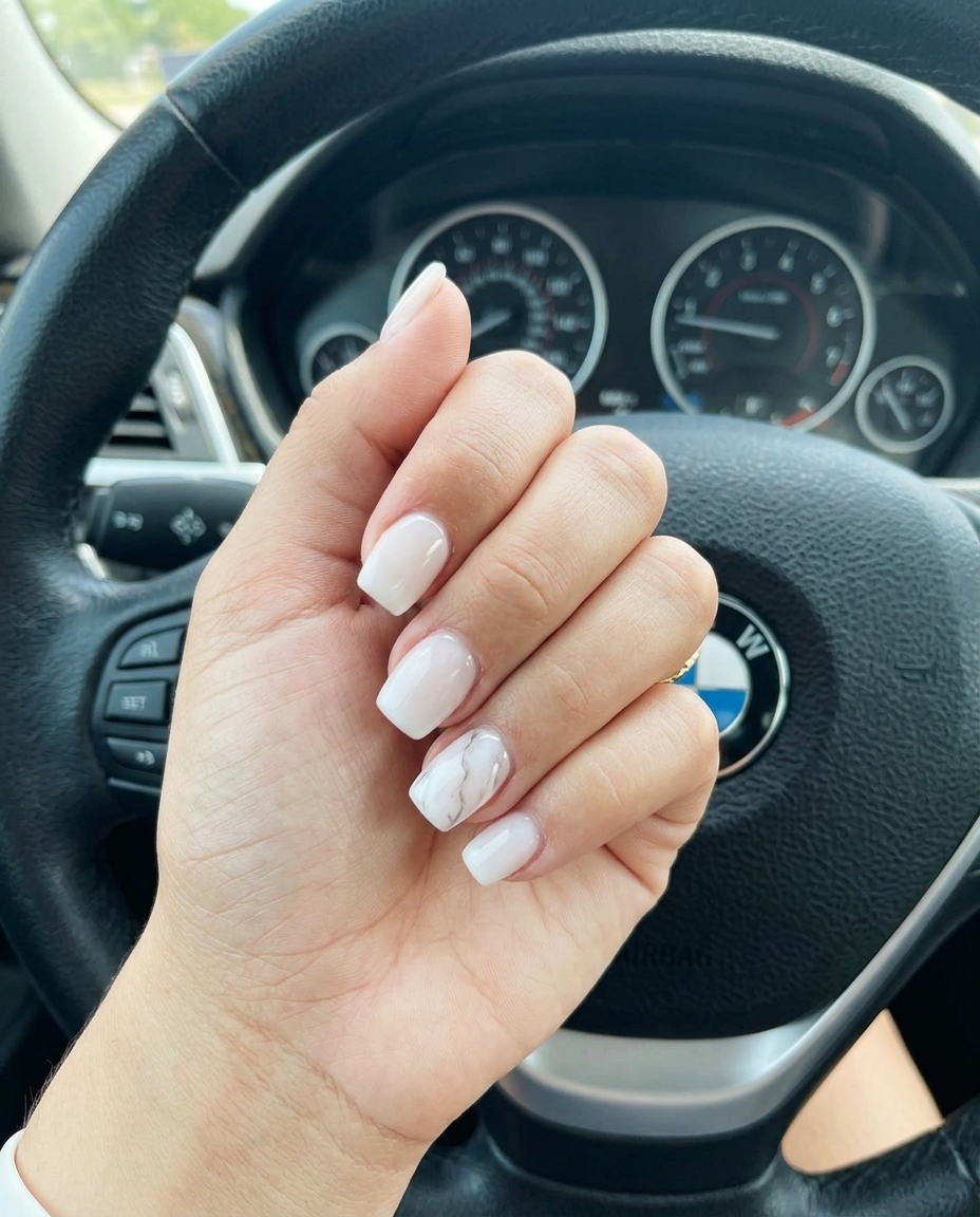 Chic Marble Square Dip nails: milky white with delicate marble veins for sophisticated summer dip nails 2026.