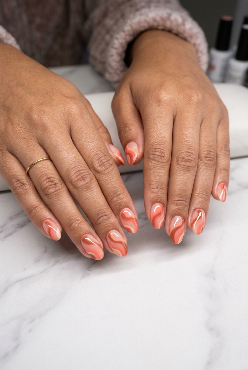 Coral Abstract Swirls Oval Glossy nails: bohemian shades for artistic summer dip nails 2026.