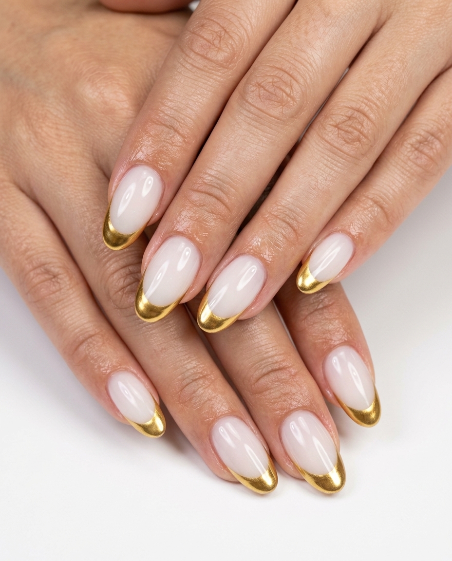 Luxurious gold French oval nails for formal events and date nights, summer dip nails 2026.