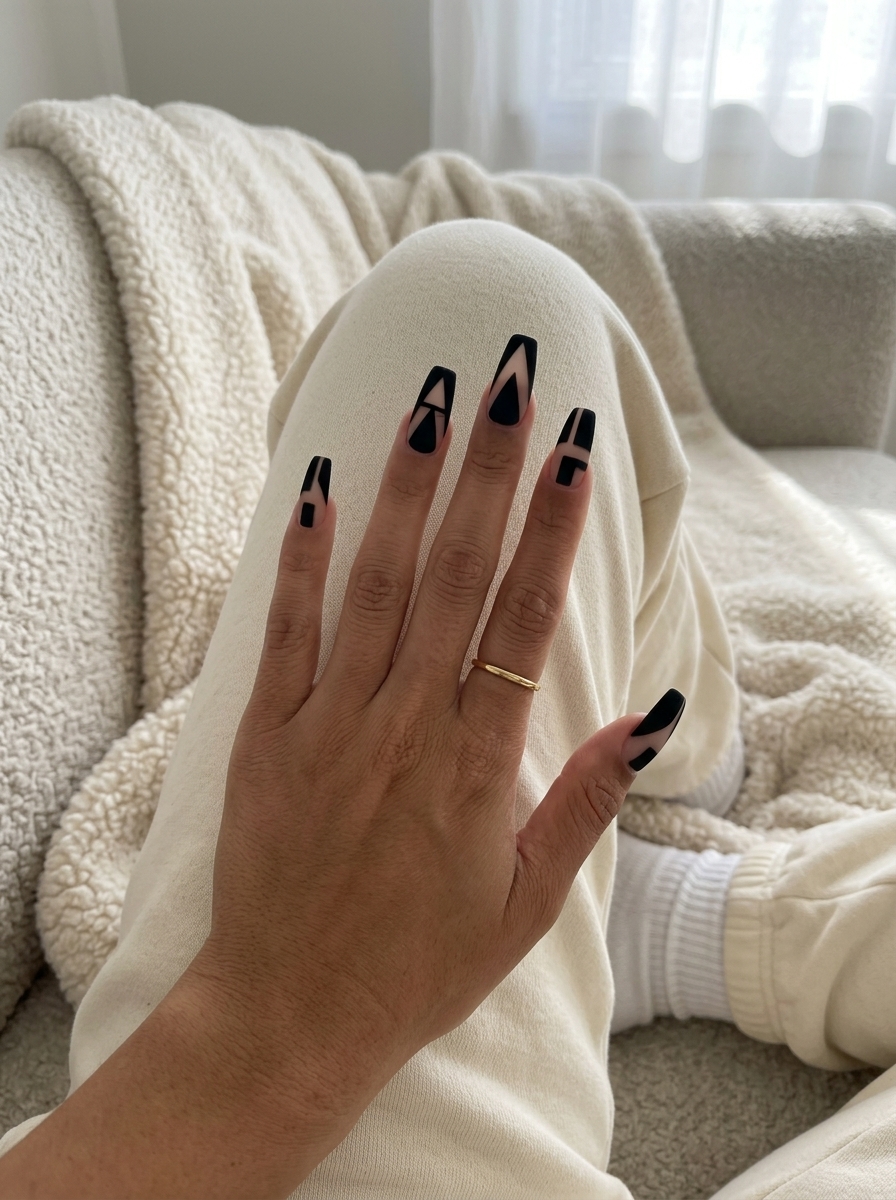 Gothic summer negative space nails in matte black for festivals and concerts, summer dip nails 2026.