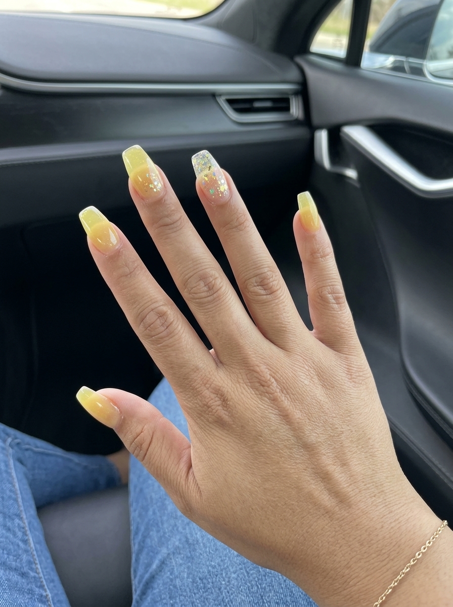 Sparkling Lemonade Coffin nails: sheer yellow with glitter for joyful summer dip nails 2026.