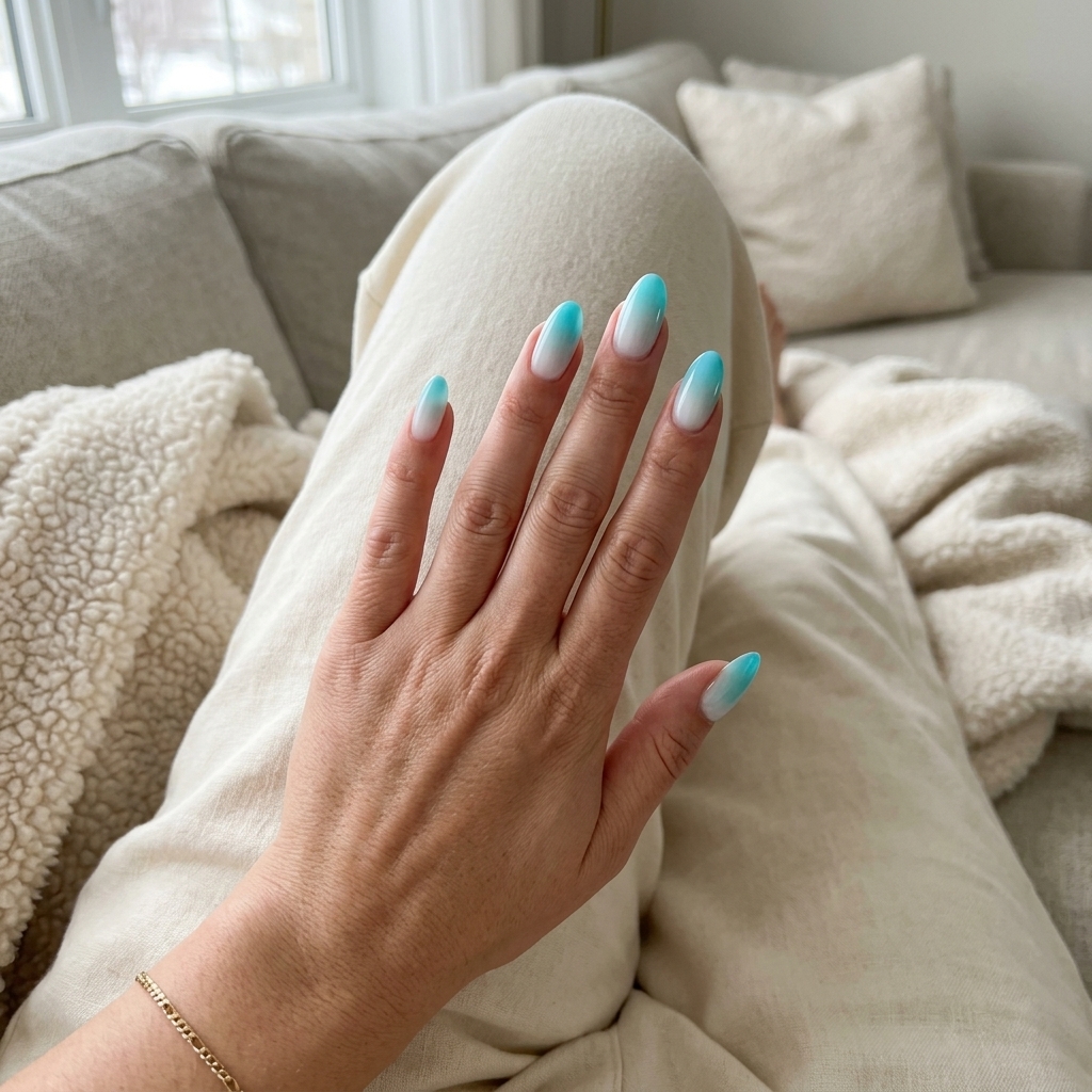 Ocean Aura Gradient Oval nails: serene milky white to aqua blue for refreshing summer dip nails 2026.
