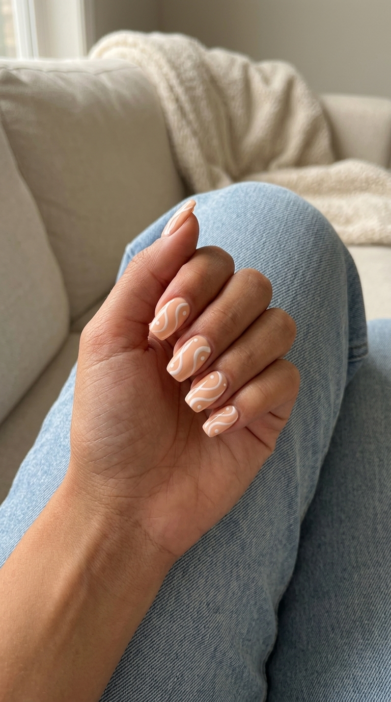 Peachy keen swirl dots summer dip nails 2026. Playful medium squoval nails with sweet white accents for casual outings and brunch.