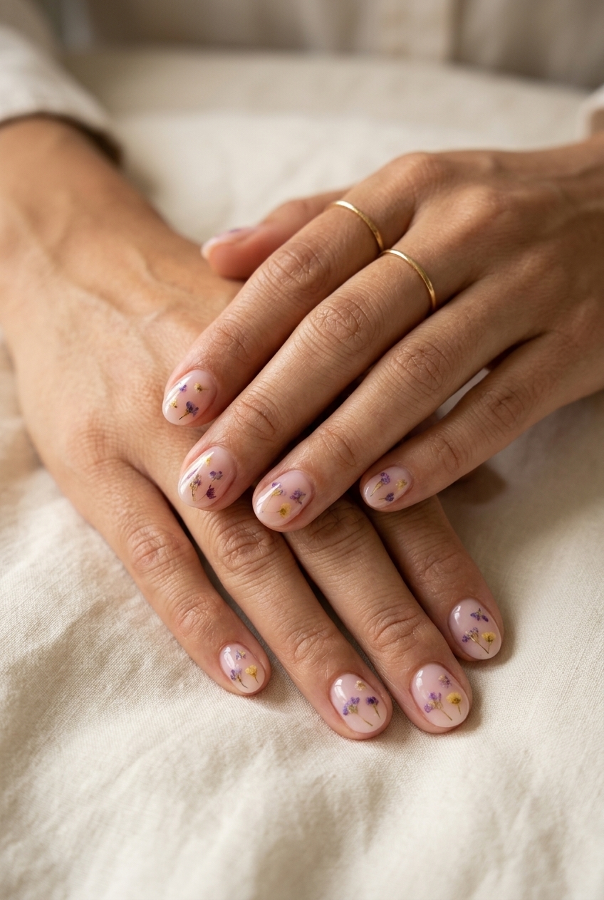 Sheer pink milk bath round nails with floral elements for wedding guests and anniversaries, summer dip nails 2026.