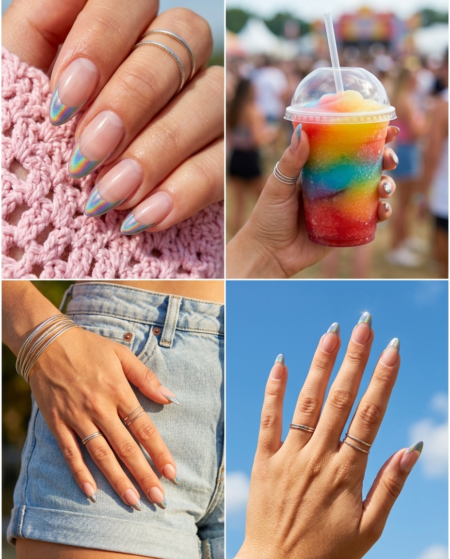 Prismatic rainbow French summer dip nails 2026. Dazzling medium stiletto nails with holographic tips for festivals and parties.