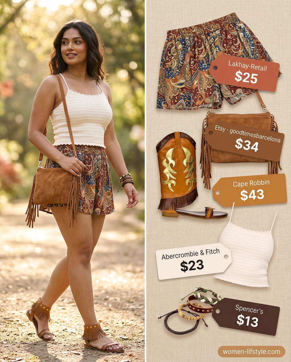 Boho festival outfit with terracotta paisley flowy shorts, cream crochet top, and fringe crossbody bag. Summer Flowy Shorts Outfits for Women 2026.