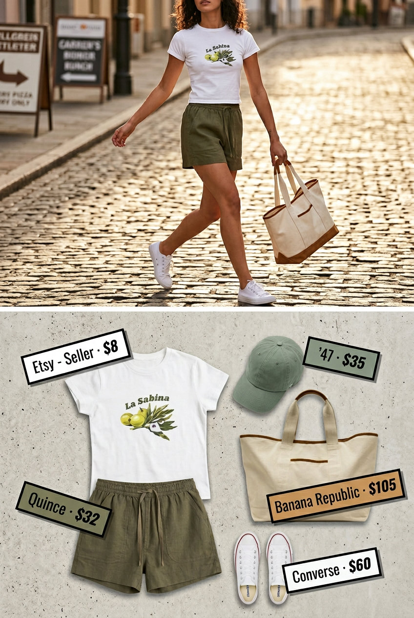 Casual olive green linen shorts outfit with graphic tee, canvas sneakers, and tote bag. Summer Flowy Shorts Outfits for Women 2026.