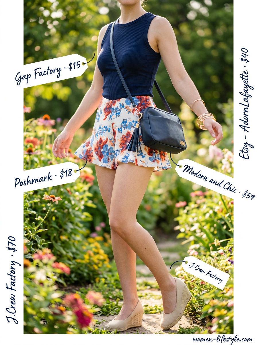 Playful coral floral print shorts outfit with navy ribbed tank and espadrilles. Summer Flowy Shorts Outfits for Women 2026.