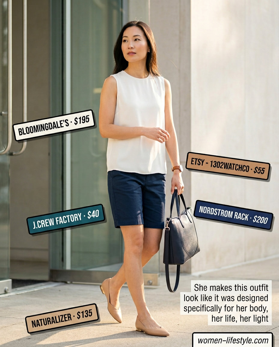Polished navy Bermuda shorts outfit with ivory silk blouse and pointed ballet flats. Summer Flowy Shorts Outfits for Women 2026.
