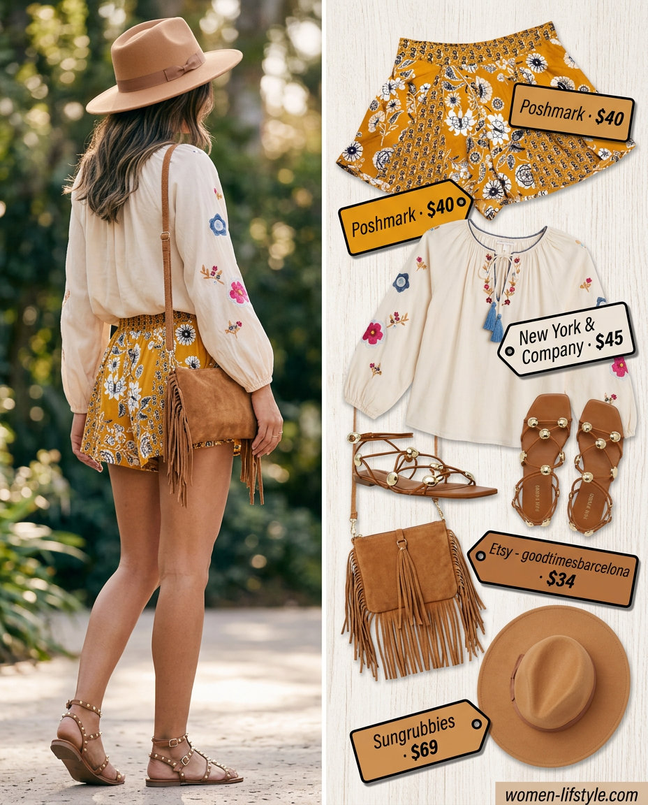 Summer flowy shorts outfit for women 2026: Boho festival style with floral print shorts, peasant blouse, and fringe bag.