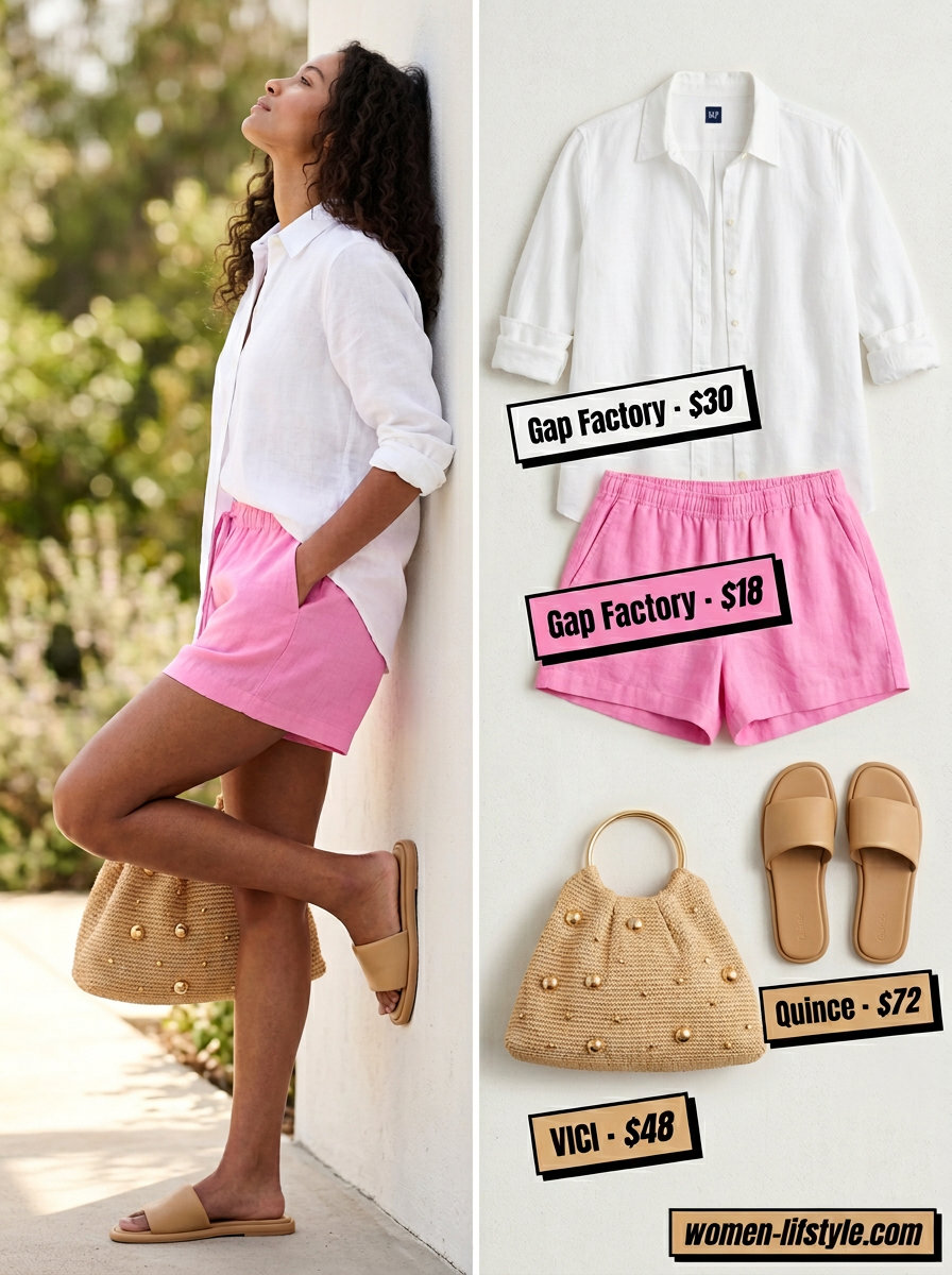 Summer flowy shorts outfit for women 2026: Chic linen lounge look with blush pink shorts and an oversized white linen shirt.