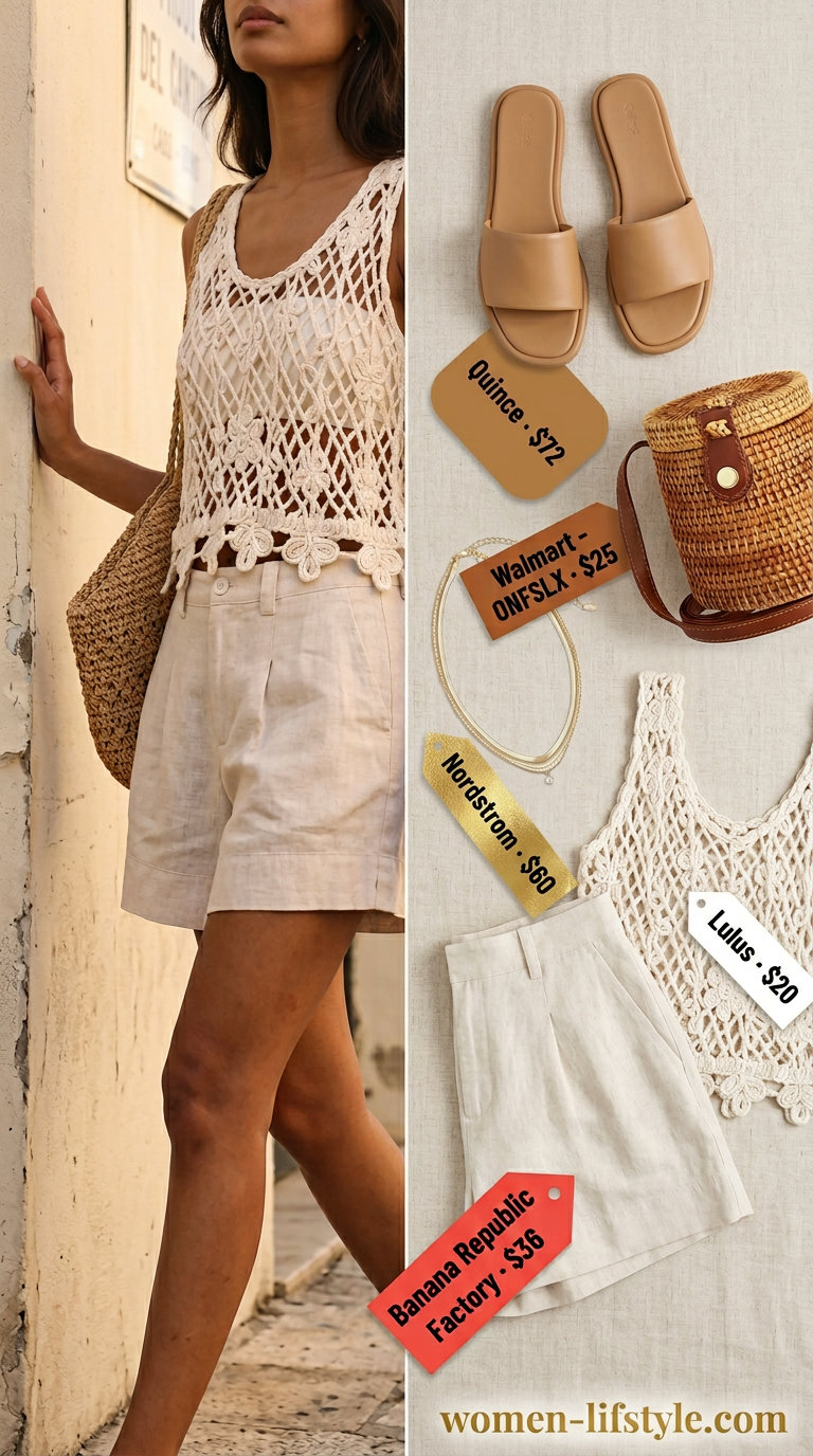 Summer flowy shorts outfit for women 2026: Coastal breeze look with natural linen shorts, crochet top, and straw bag.