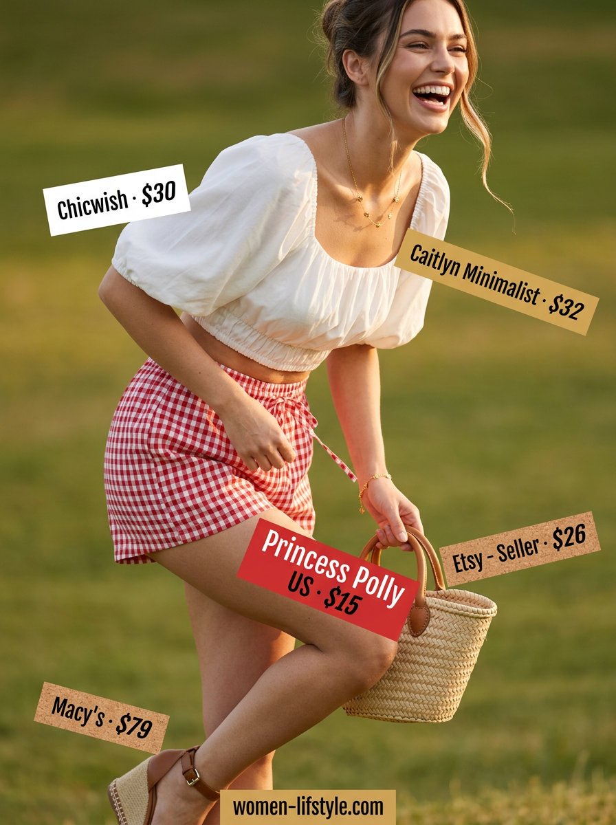 Summer flowy shorts outfit for women 2026: Playful picnic look with red gingham shorts and puff-sleeve top.