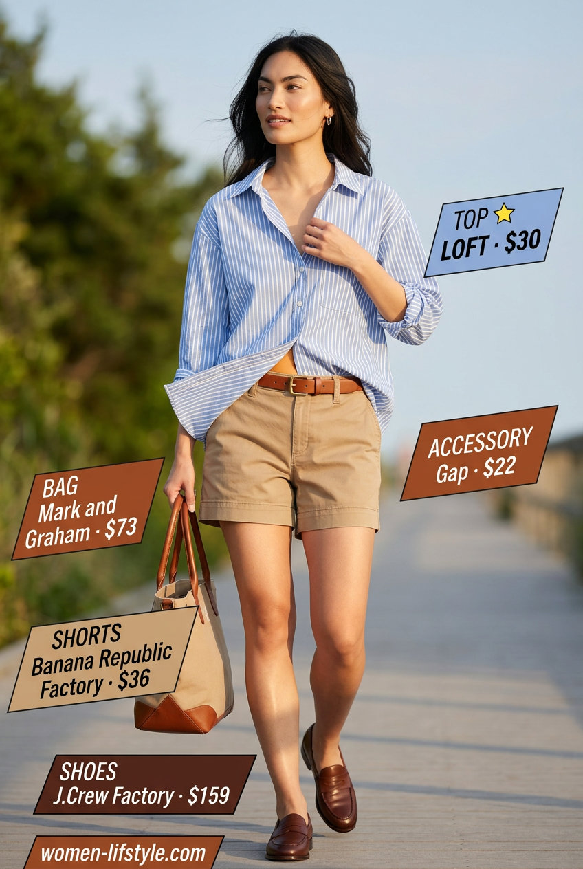 Summer flowy shorts outfit for women 2026: Weekend casual look with khaki chino shorts, striped button-down, and loafers.