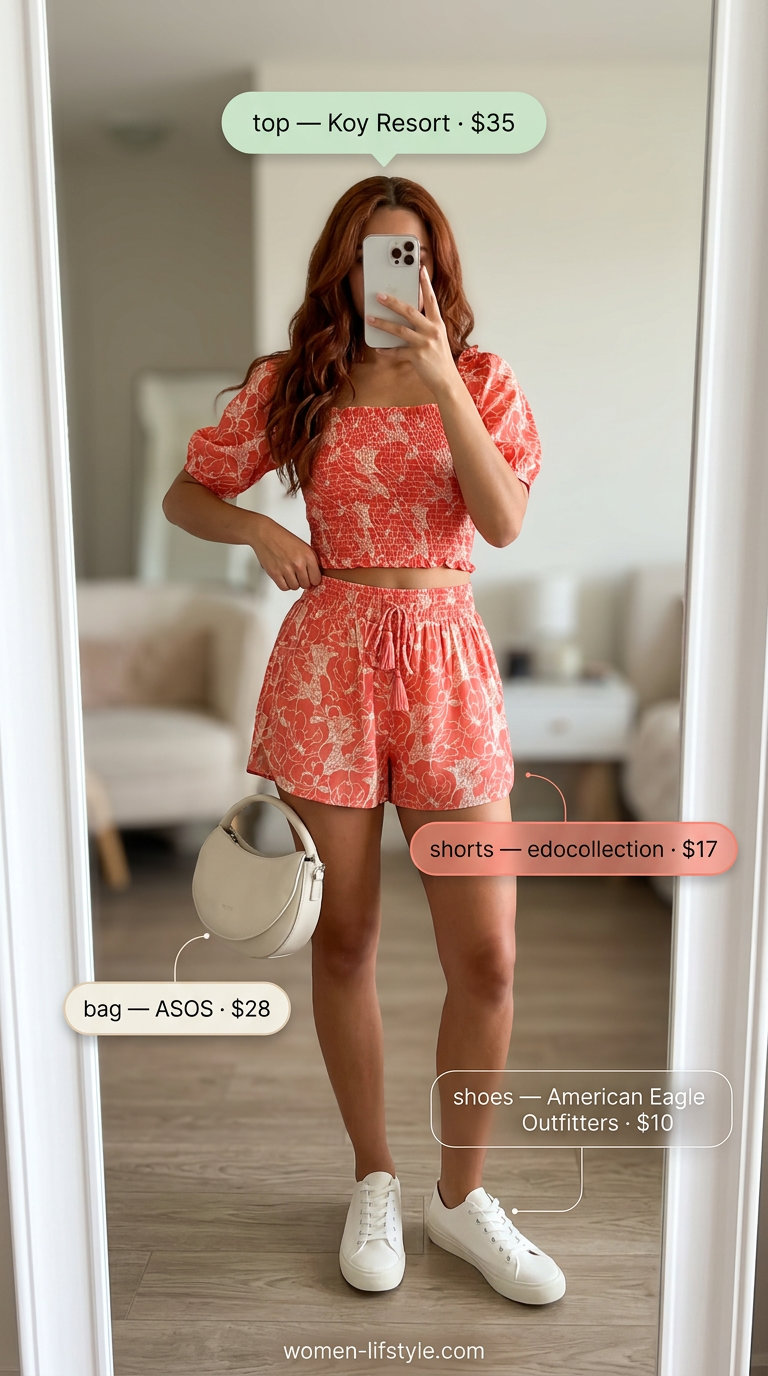 Summer flowy shorts outfit: Coral floral shorts set, white sneakers, and straw hat for a picnic.