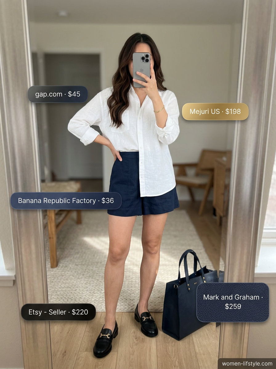 Summer flowy shorts outfit: Navy linen shorts, white button-down shirt, loafers, and tote bag for smart casual.