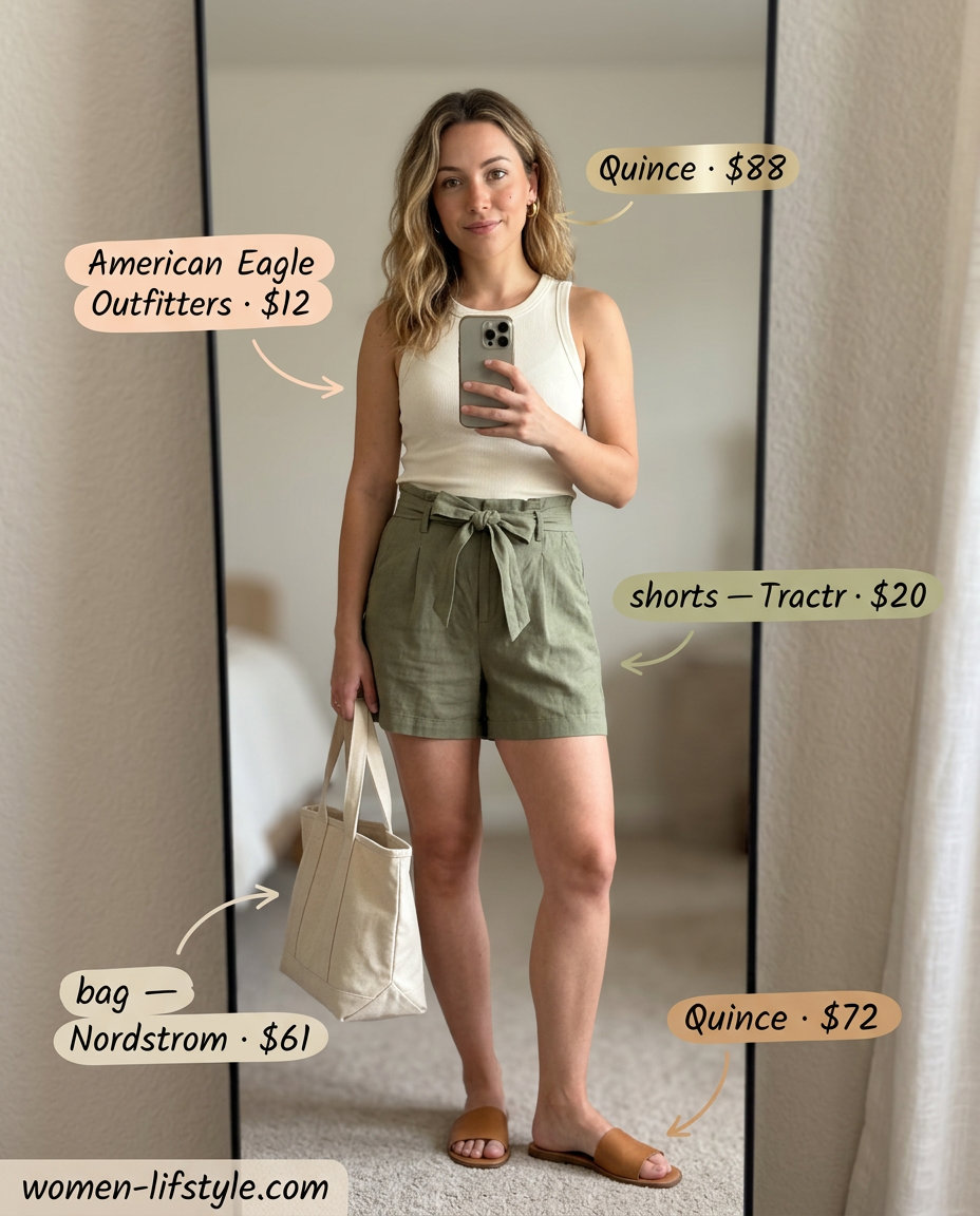 Summer flowy shorts outfit: Olive green paperbag shorts, cream tank top, leather slides, and canvas tote for weekend casual.