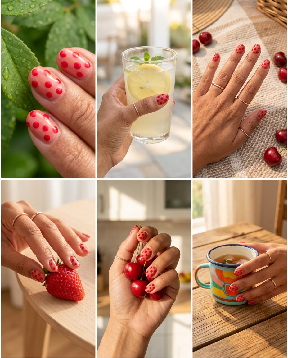 Playful cherry fruit nail art with red dots on a soft pink oval nail base for summer fun outfits 2026.