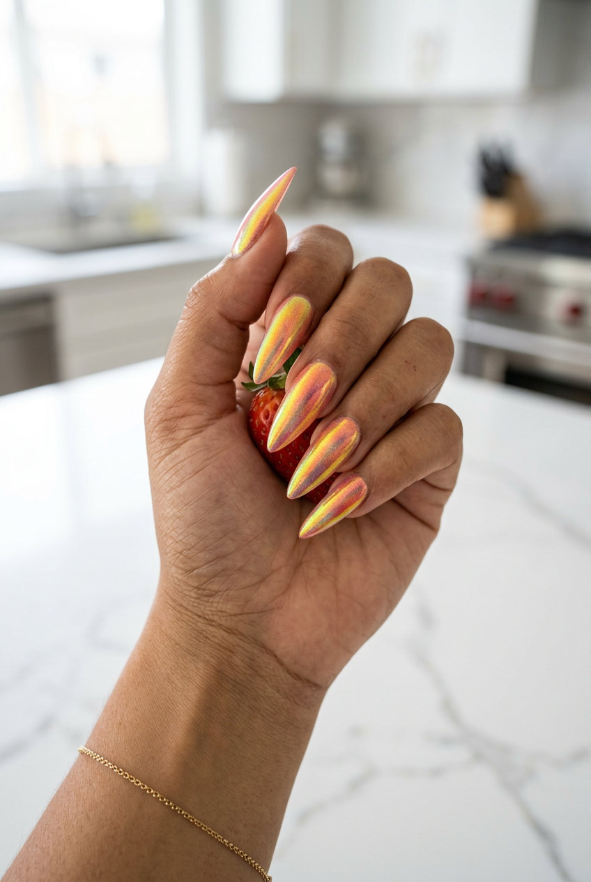 Citrus Burst Holographic Stiletto nails for summer fruits nail art 2026, glamorous party style with multicolor shift.