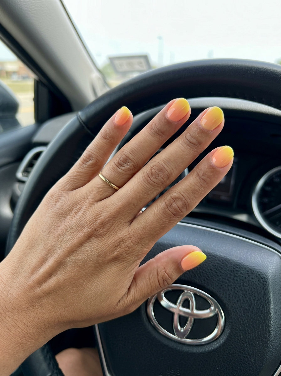 Citrus gradient milky squoval nails for summer fruits nail art 2026. Clean-girl casual outfit.