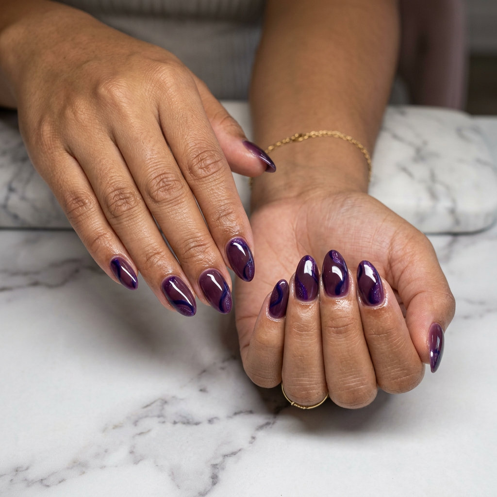 Vintner's Grape Swirl Coffin nails for summer fruits nail art 2026, sophisticated evening event style with deep purple.