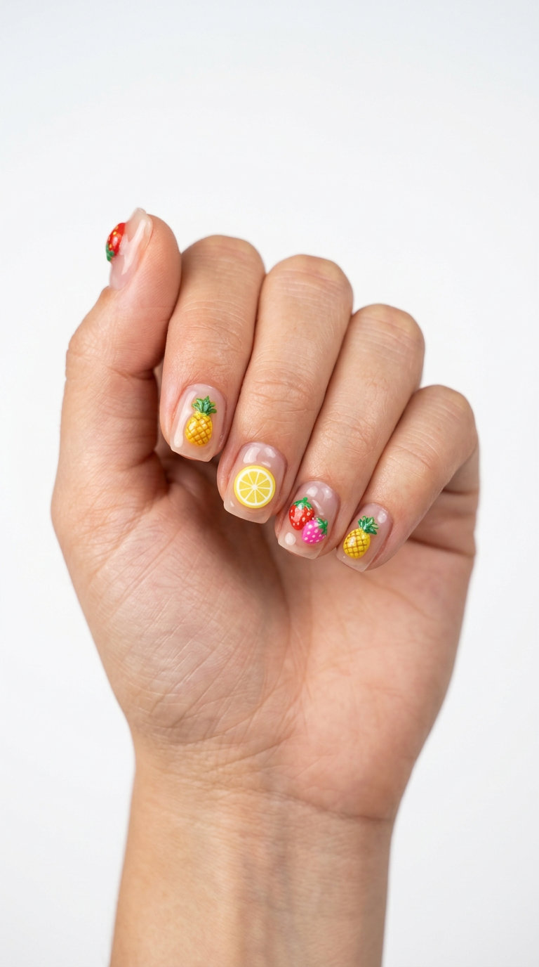 Jelly Fruit Medley 3D Charms nails for summer fruits nail art 2026, whimsical festival style with multicolor fruits.