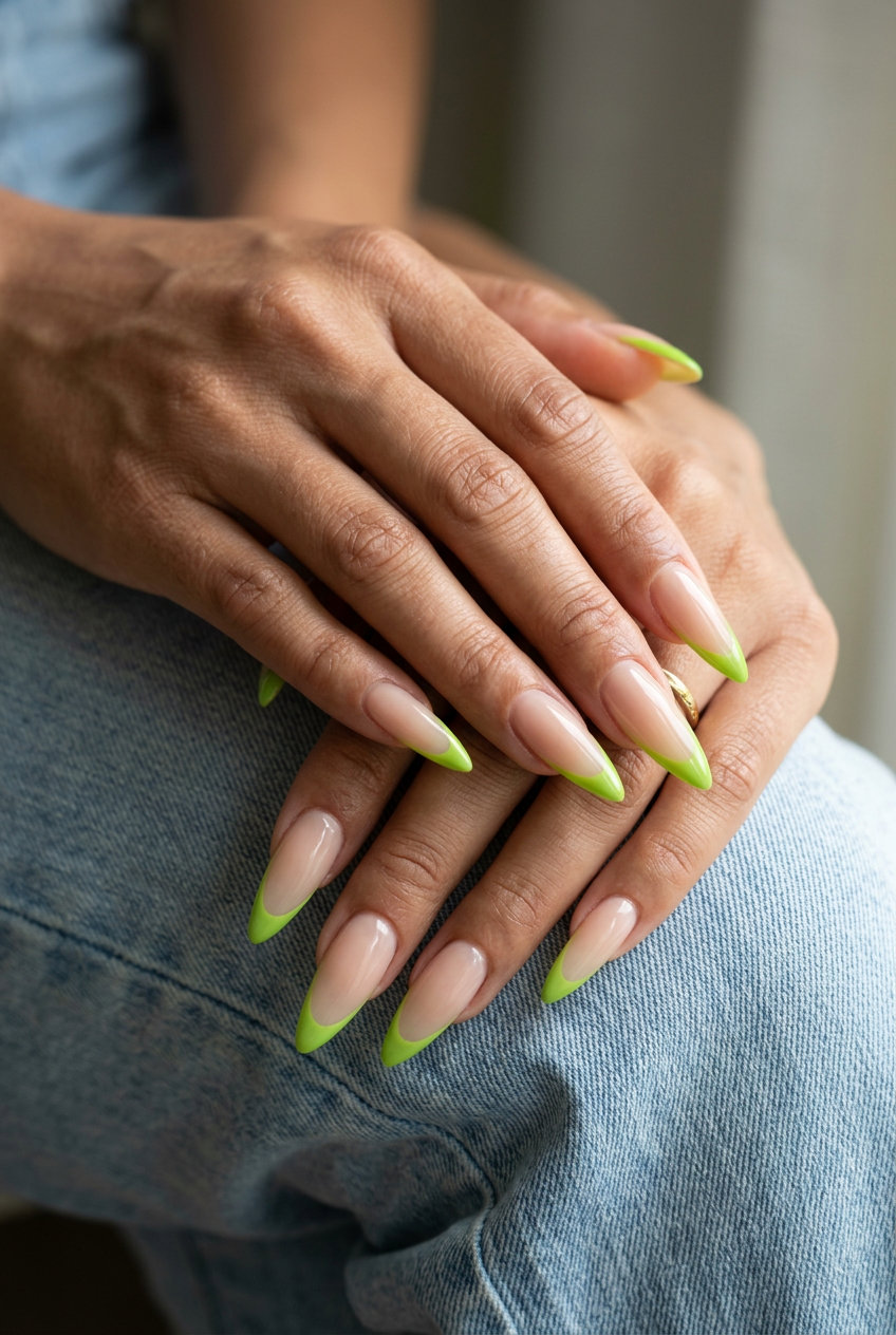 Kiwi slice micro French stiletto nails for summer fruits nail art 2026. Edgy casual outfit.
