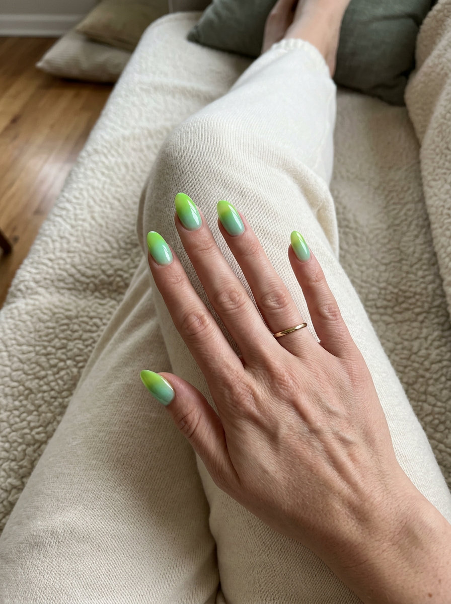 Lime & Mint Jelly Ombre nails for summer fruits nail art 2026, refreshing vacation style with vibrant green hues.