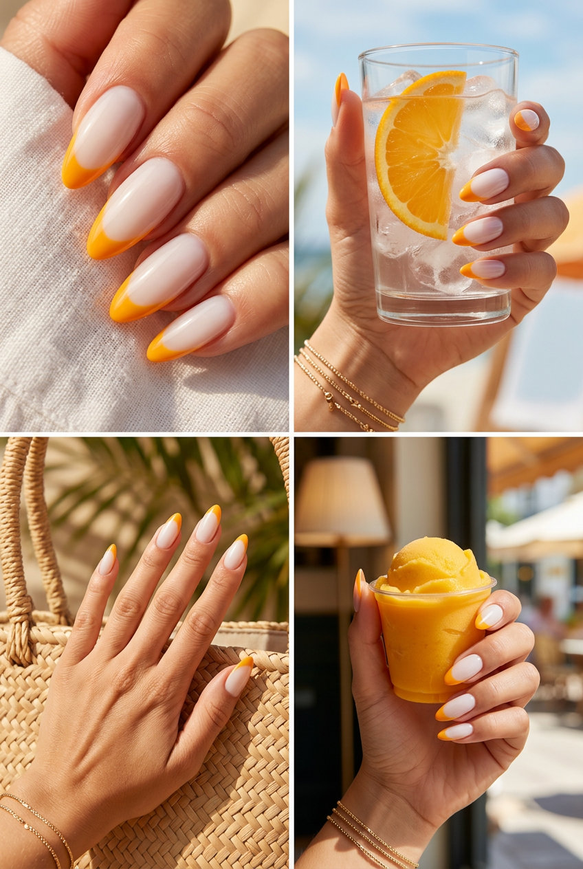 Mango Sorbet French Tip nails for summer fruits nail art 2026, summery vacation style with vibrant orange tips.