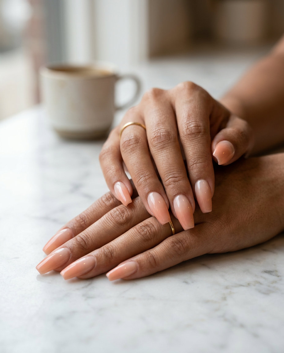 Peach fuzz aura coffin nails for summer fruits nail art 2026. Romantic wedding guest outfit.