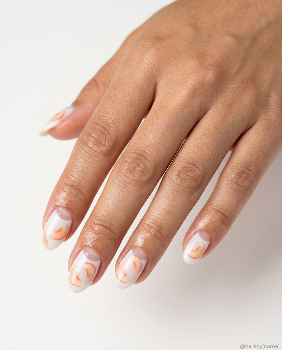 Negative Space Peach Slice Oval nails for summer fruits nail art 2026, chic daily style with peachy orange art.