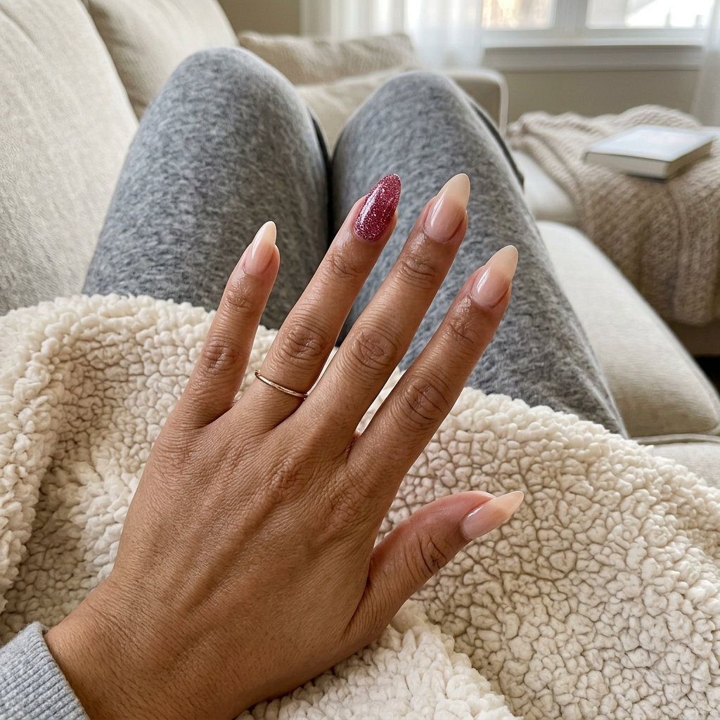 Glamorous raspberry glitter bomb nail art on almond nails for party outfits 2026.