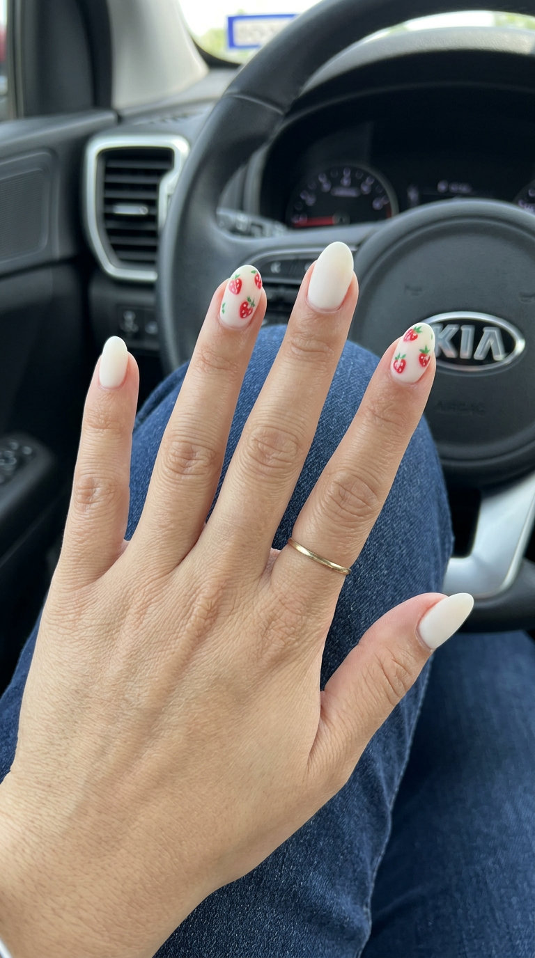 Sweet strawberry and cream matte nail art on oval nails for date night outfits 2026.