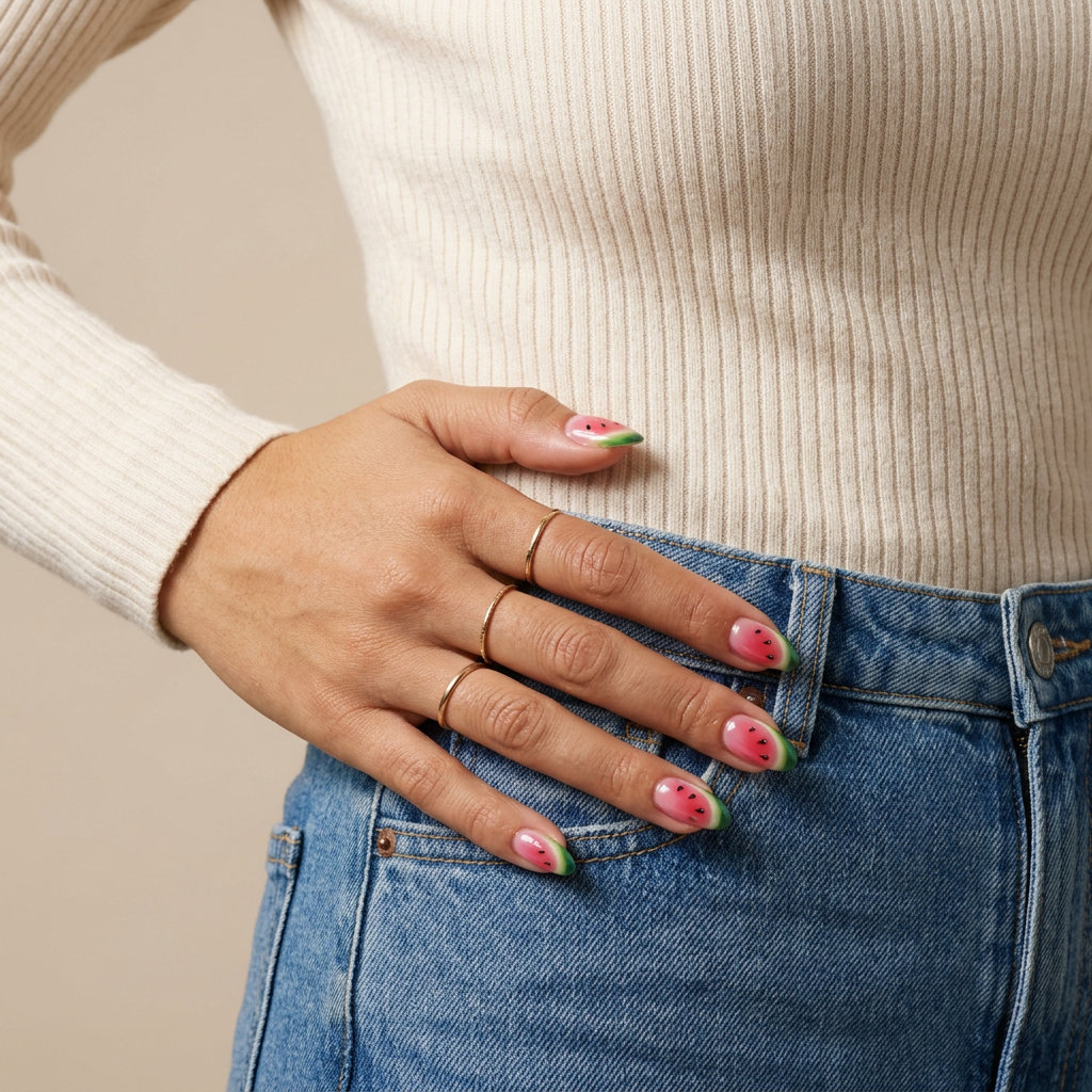 Watermelon slice jelly almond nails for summer fruits nail art 2026. Juicy casual outfit.