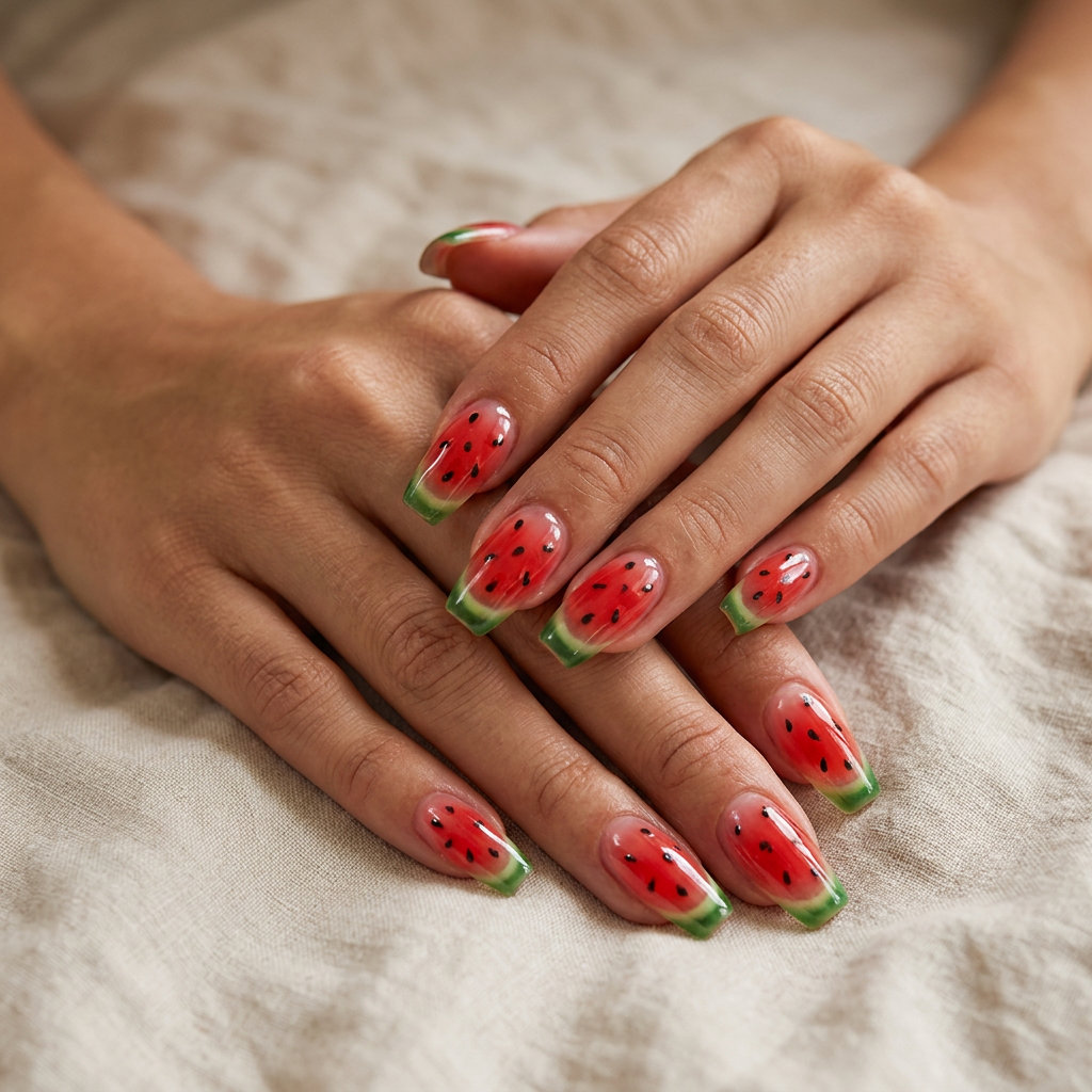 Watermelon slice jelly almond nails for summer fruits nail art 2026. Fun vacation outfit.