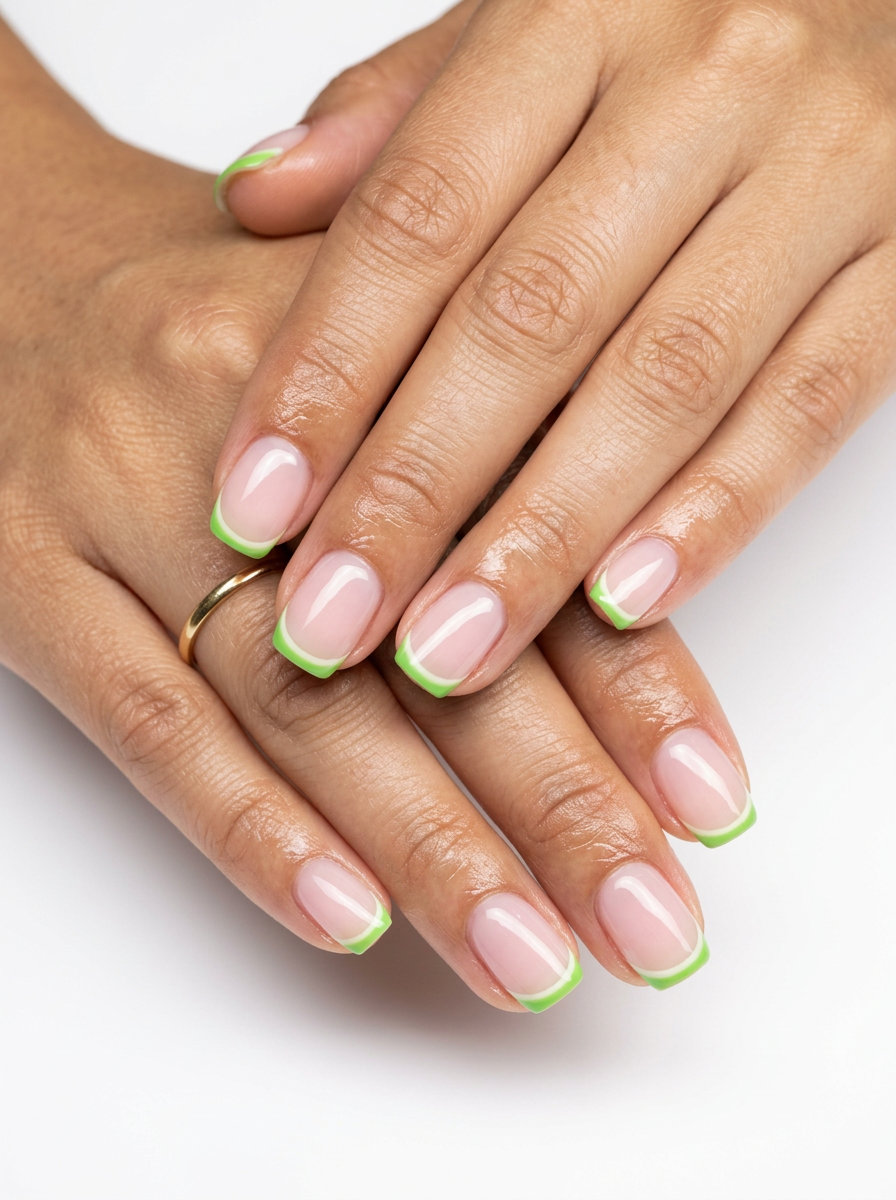 Watermelon rind French squoval nails for summer fruits nail art 2026. Minimalist casual outfit.
