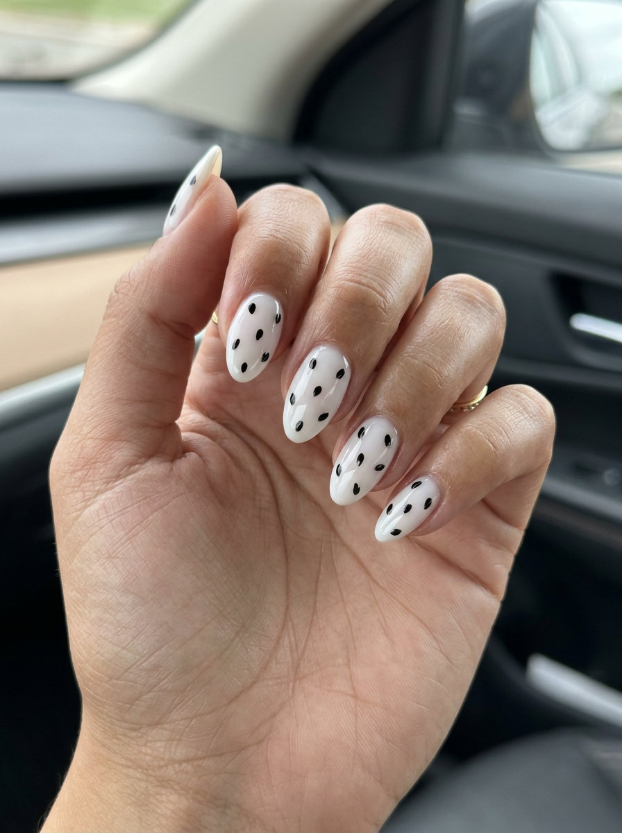 Watermelon Seed Detail Almond nails for summer fruits nail art 2026, playful daily style with minimalist black dots.