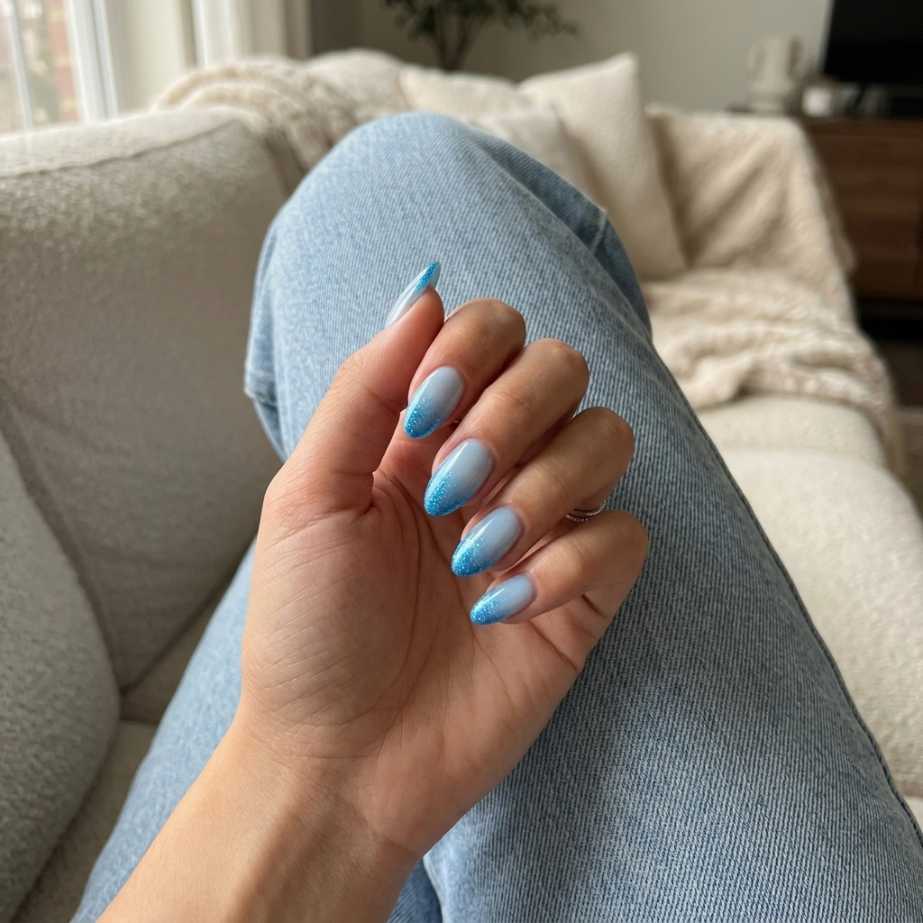 Whimsical azure dream glitter gradient nails for summer glitter nails 2026.