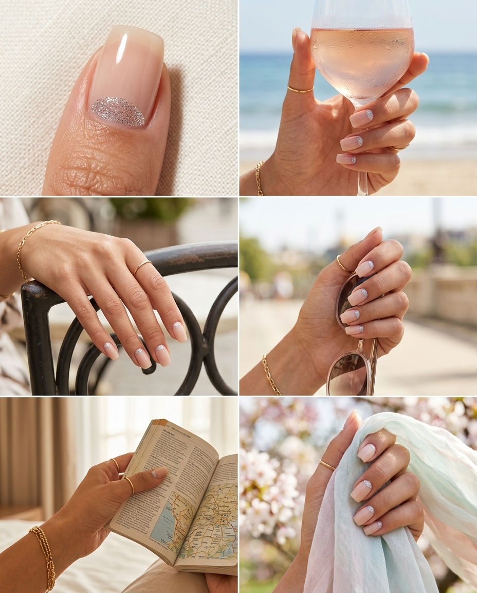 Chic celestial silver glitter half moon nails for summer glitter nails 2026.