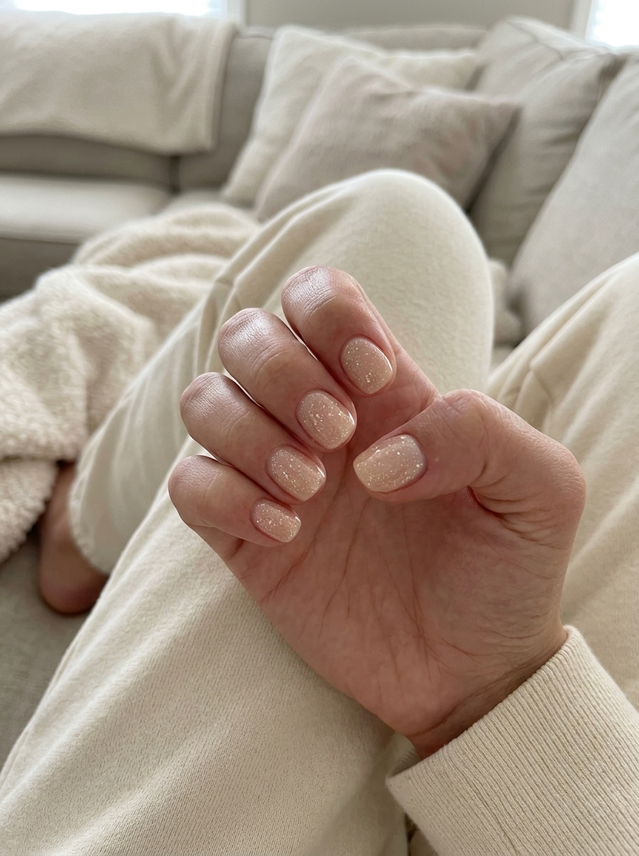 Champagne shimmer nails with subtle gold glitter for summer weddings and brunch. Summer glitter nails 2026.