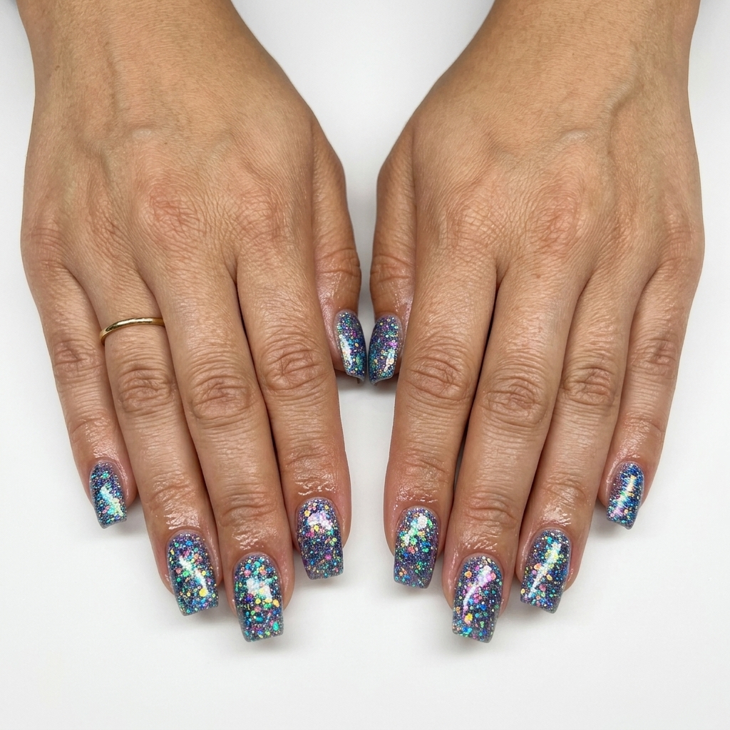Futuristic chunky holographic flip square nails for summer glitter nails 2026.