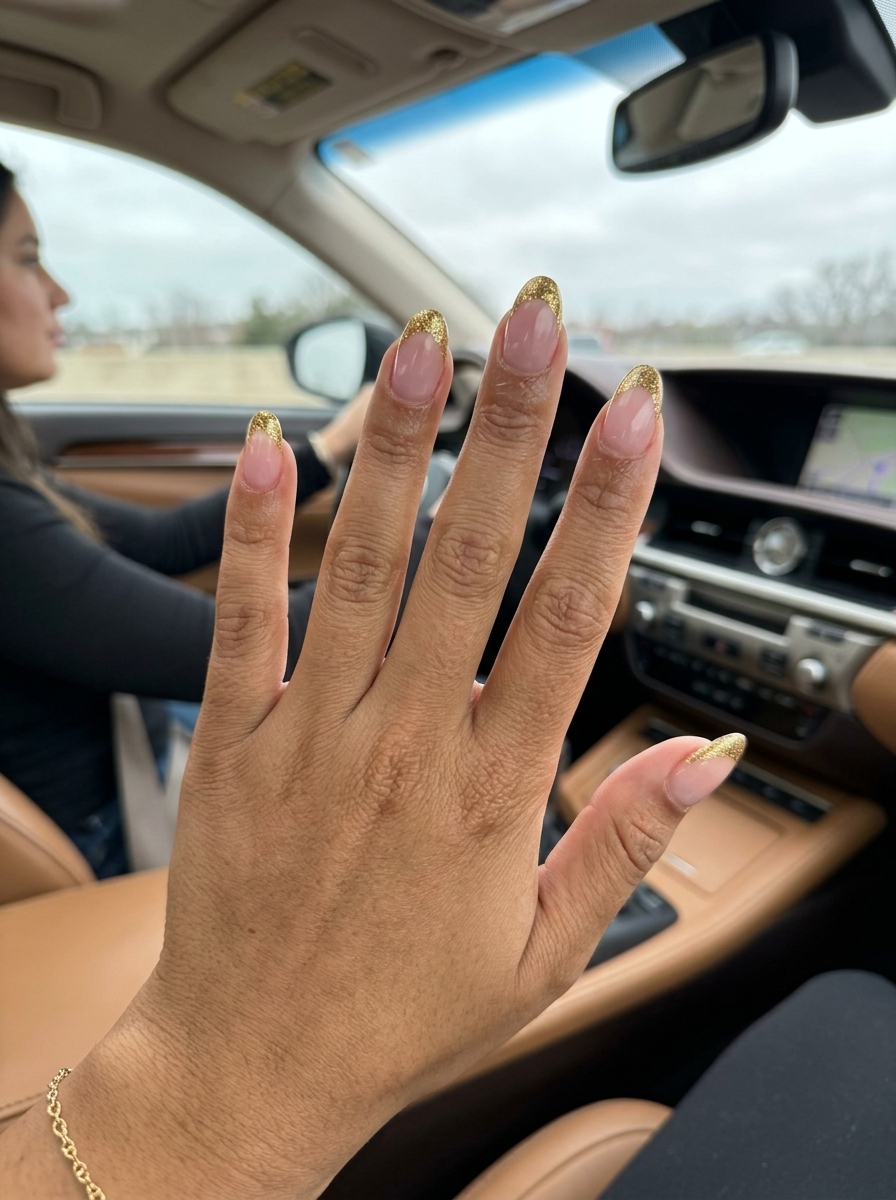 Retro gold glitter French tip nails for parties and festivals. Summer glitter nails 2026.
