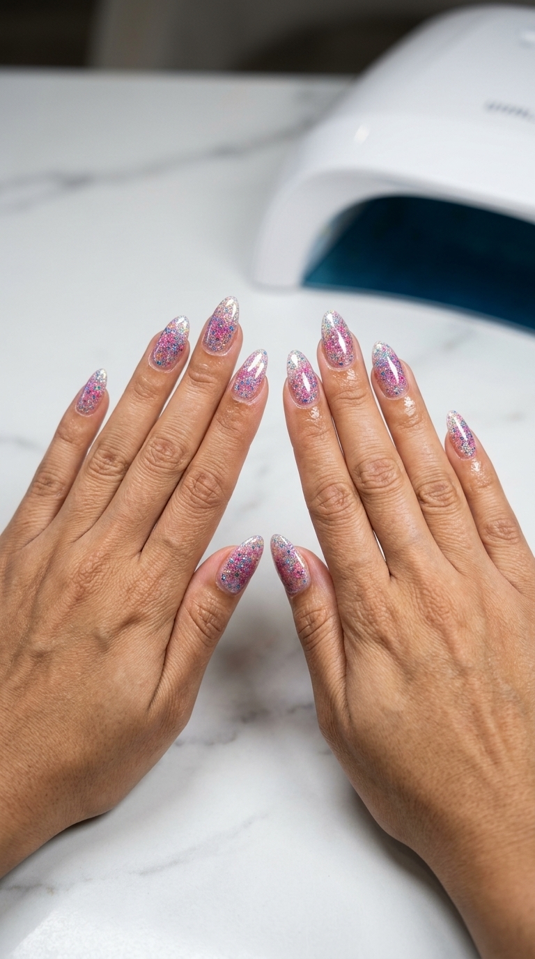 Vibrant multi-color glitter aura nails for summer glitter nails 2026.